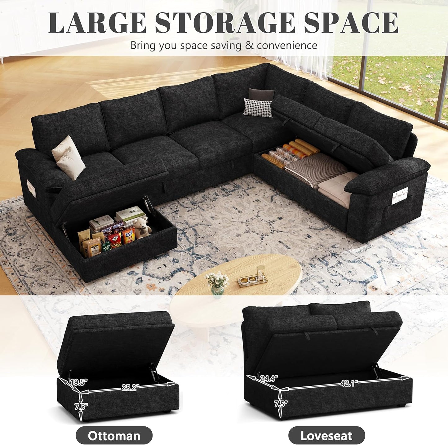 108 Inch Modular Sectional Sofa with Pull Out Bed,U Shaped 7 Seat Sectional Sleeper Sofa with Storage,Sectional Couches for Living Room,Cloud Modular Couch,Removable Sofa Cover,Black