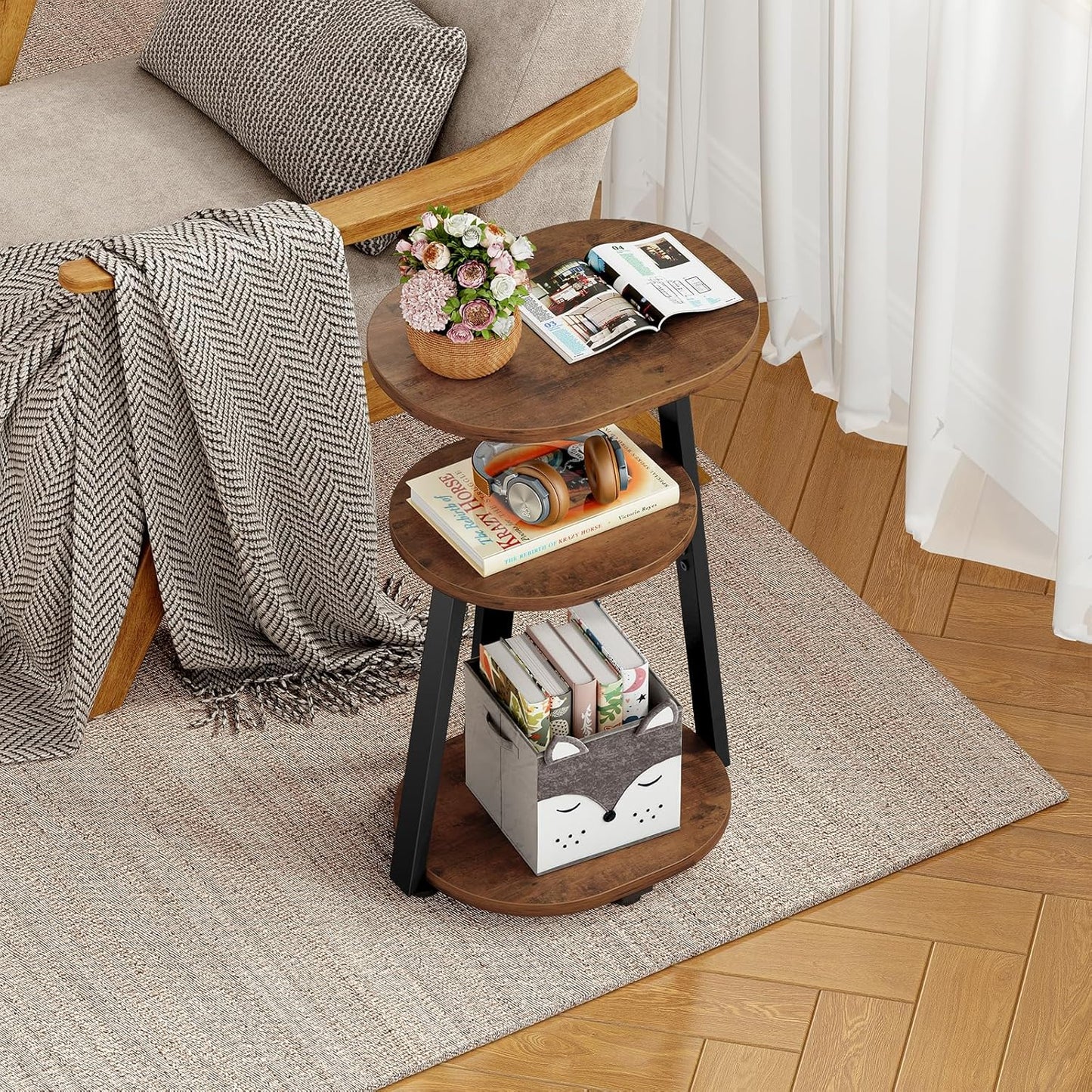 Side Table, Small End Table with Metal Frame, 3-Tier Bedside Tables, Round Side Tables for Living Room Bedroom Couch Bathroom, Oval, Vintage Brown