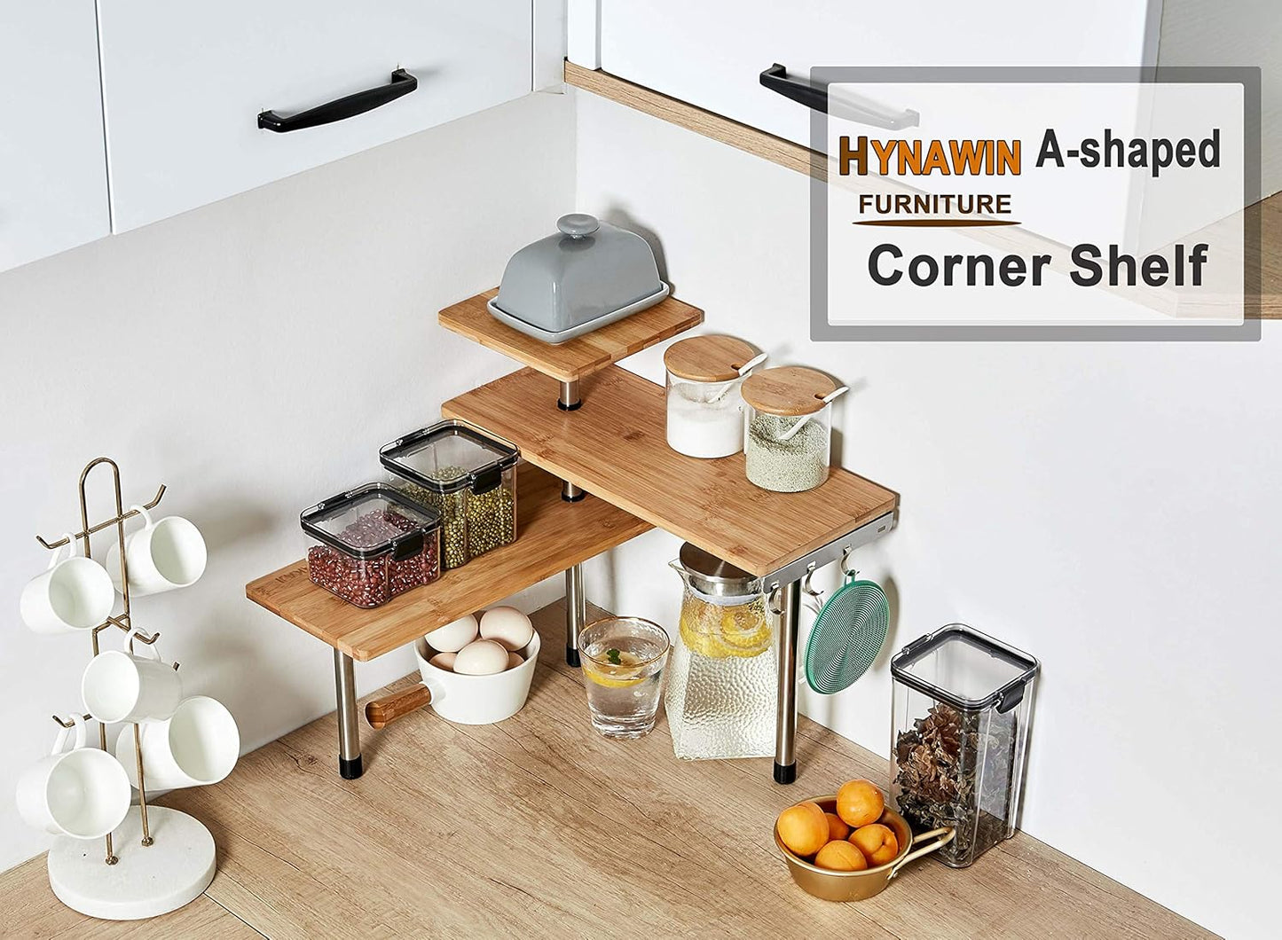 HYNAWIN Corner Shelf, 3 Tier Bamboo & Metal Storage Spice Rack-Desk, Space Saving Bookshelf with Hooks, Adjustable Display Shelf for Creative Home Décor Kitchen, Bedroom, Office (21CO)