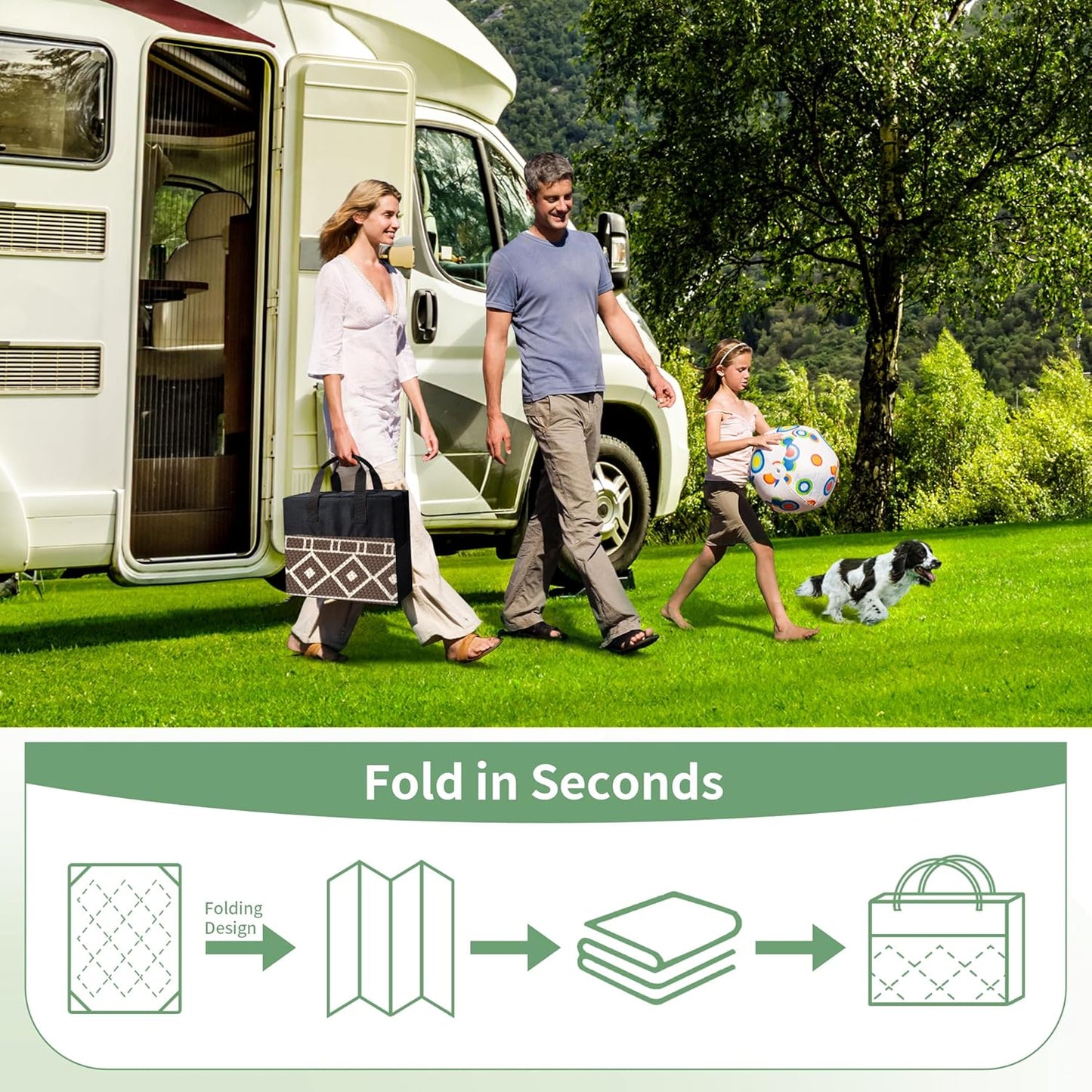 GENIMO Outdoor Rug Waterproof for Patio, 8'x10' Foldable Reversible Plastic Straw Carpet for Travel Trailers, Outside Area Mat for Rv, Deck, Picnic, Porch, Camper, Balcony, Beach, Coffee & Beige