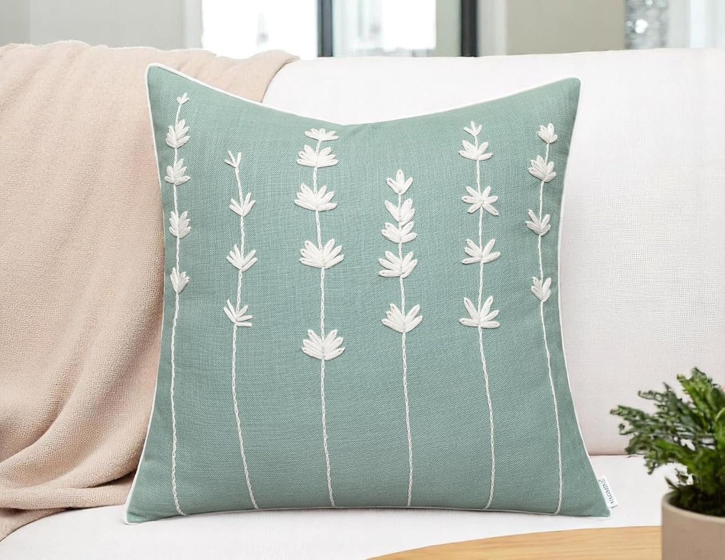 VAGMINE Hand Embroidered Daisy Accent Throw Pillow Cover - 18x18 Inches Square - 100% Cotton Light Teal Decorative Cushion Cover for Couch, Sofa, Bed - Textured Embroidery - Elegant Floral Home Décor