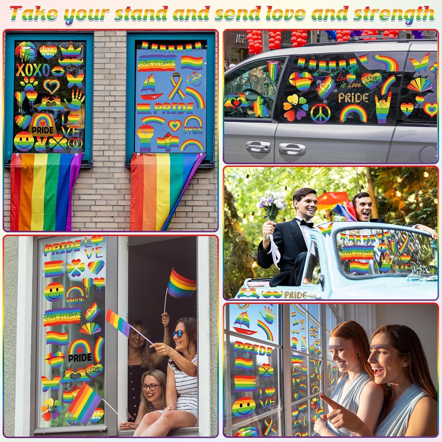 9 Sheets LGBT Rainbow Window Clings, Pride Decorations Window Cling, Gay Love Heart Stickers, Double-Side Pride Wall Clings Decals for Pride Day LGBTQ Rainbow Party Parades Supplies Decor
