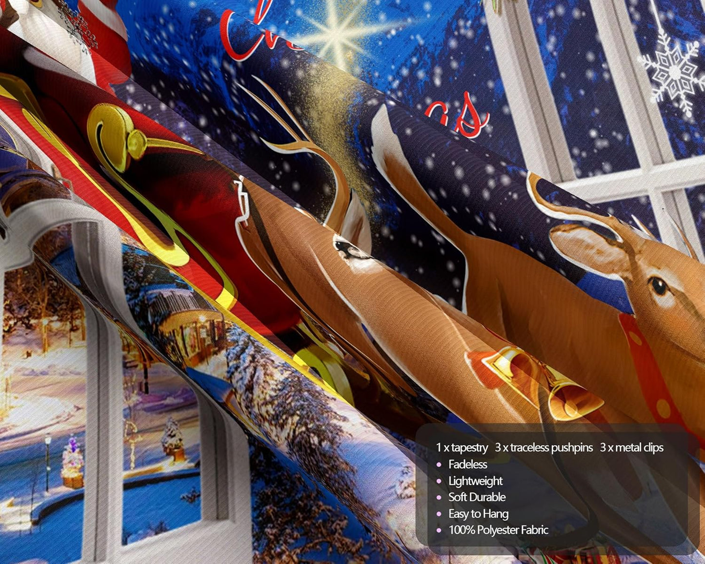 QGHOT Christmas Window Tapestry Wall Hanging Christmas Backdrop Xmas Winter Window Wall Decor Santa Claus Tapestries for Bedroom Living Room Dorm Holiday Party Decoration