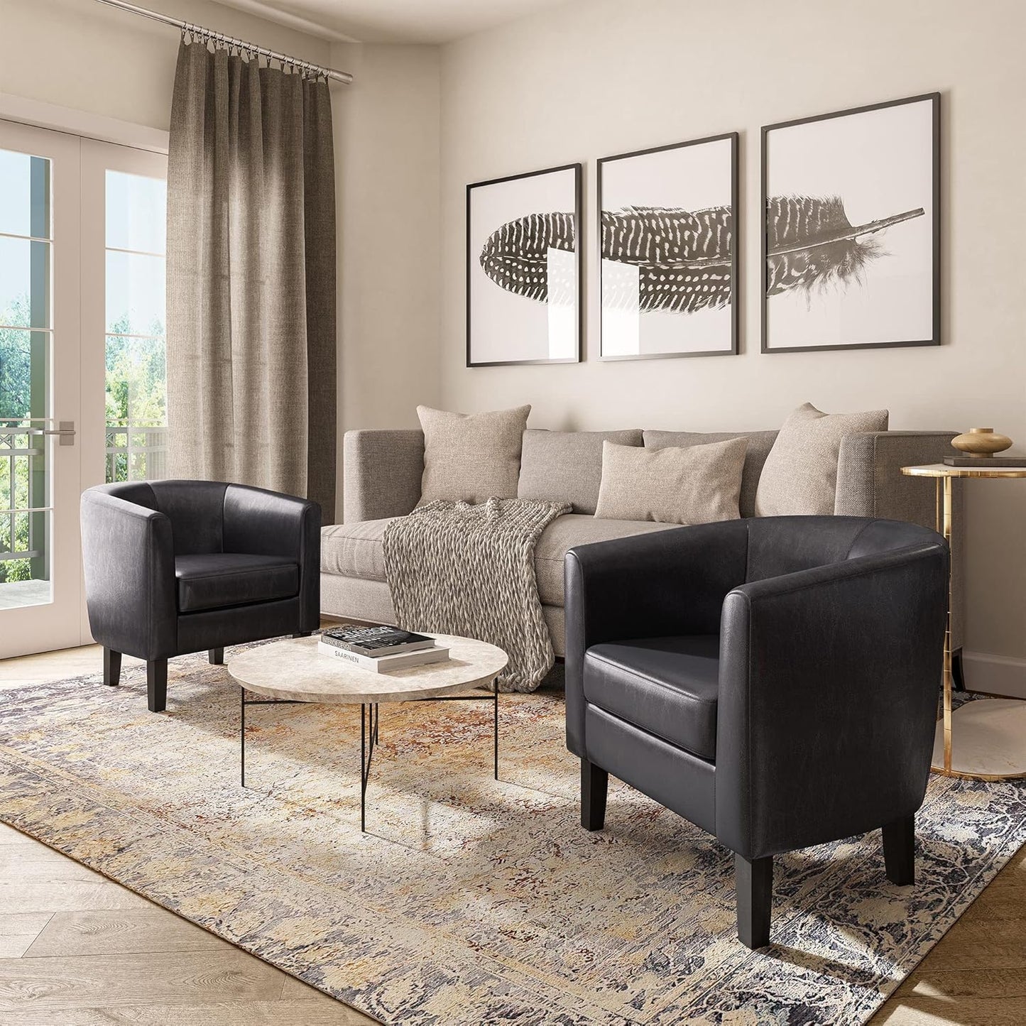 BELLEZE Accent Barrel Chair, Linen Round Chair Club Tub Sofa Corner Chair with Flared Legs and Cozy Soft Padding for Living Room Bedroom Waiting Room - Brown