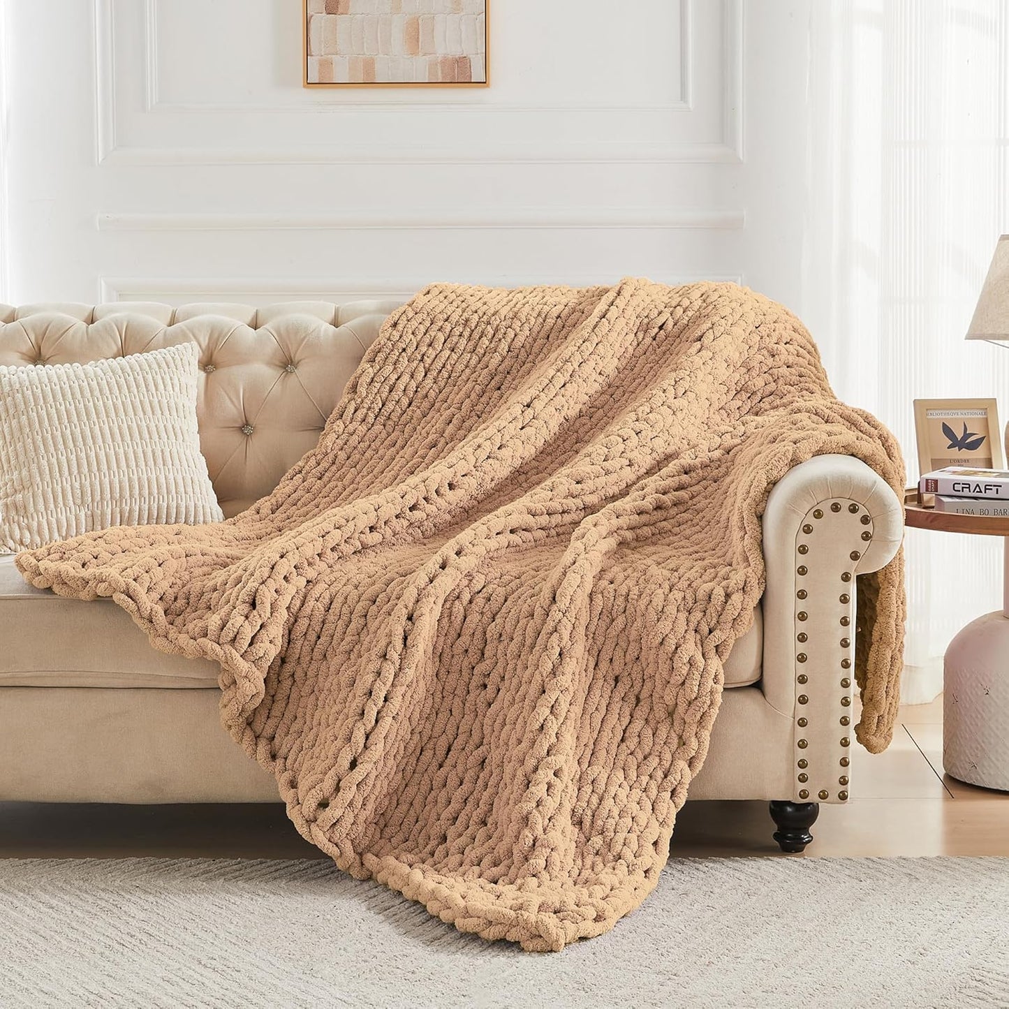 Carriediosa Chunky Knit Throw Blanket 60" X 80" Twin, 100% Hand Made Large Chenille Loop Yarn Soft Fluffy Throws for Couch Sofa Bed, Big Crochet Cozy Heavy Thick Cable Woven Blankets, Tan Brown