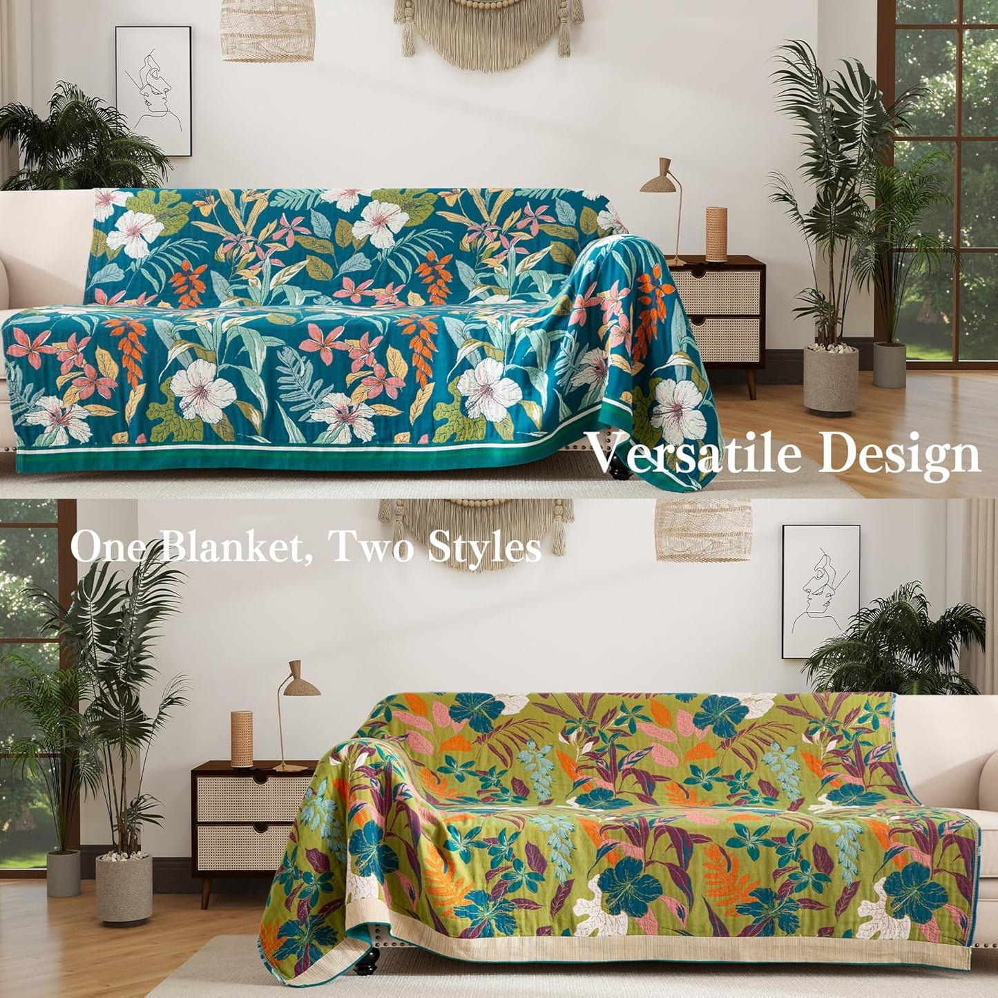 Boho Throw Blanket Full Size, Extra Large Soft Cozy Cotton Muslin Quilt Blanket for Bed Decor, Floral Patterned Couch Sofa Chair Cover, Vintage Farmhouse Cottage Woven Blanket, Teal&Green