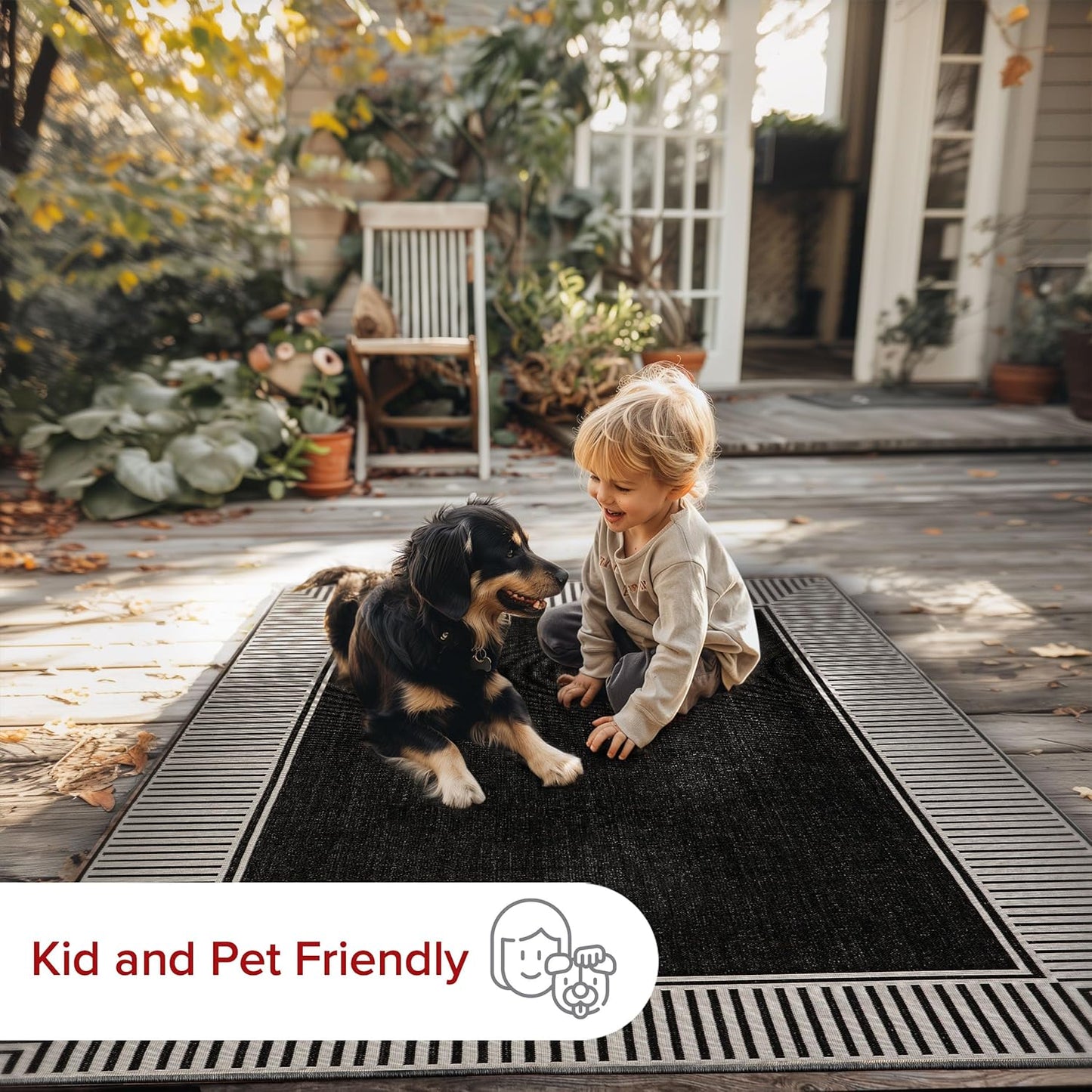 nuLOOM 9'6" x 12' Outdoor Area Rug, Casual Design With Striped Border, Stain Resistant, Highly Durable, For Patio, Balcony, Bedroom, Living Room, Dining Room, Bathroom, Black