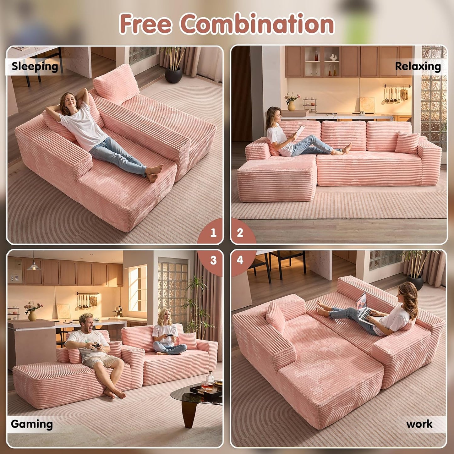 ovios 104" Cloud Sectional Couch with L-Shape Chaise,Modern Modular Sofa with Deep Seat, Upholstered Couches for Living Room Bedroom,No Assembly Required, Pink (Plush Corduroy Fabric)