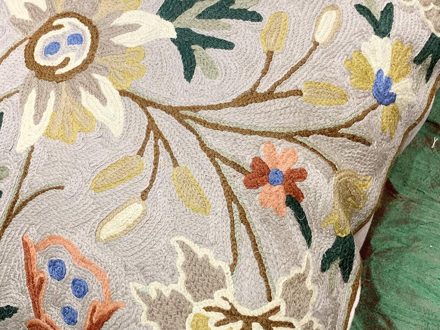 Beige Floral Pillow Cover Taupe Flower Traditional Hand Embroidered Pillowcase Traditional Outdoor Cushion Suzani Couch Flowery Needlepoint Chair Cushion Wool Size - 18x18