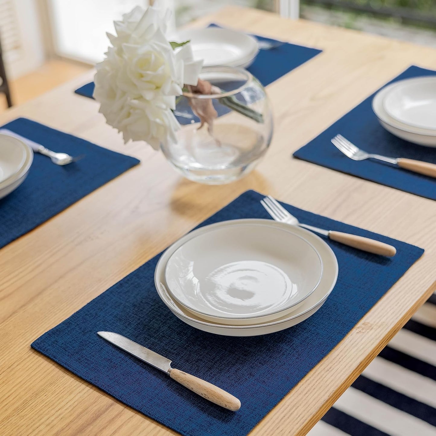 Demetex Cloth Table Placemats Heat Resistant Linen Place Mats Set of 4 Navy Blue Stains Resistant Plate Mats for Dinner Party Banquet, Indigo