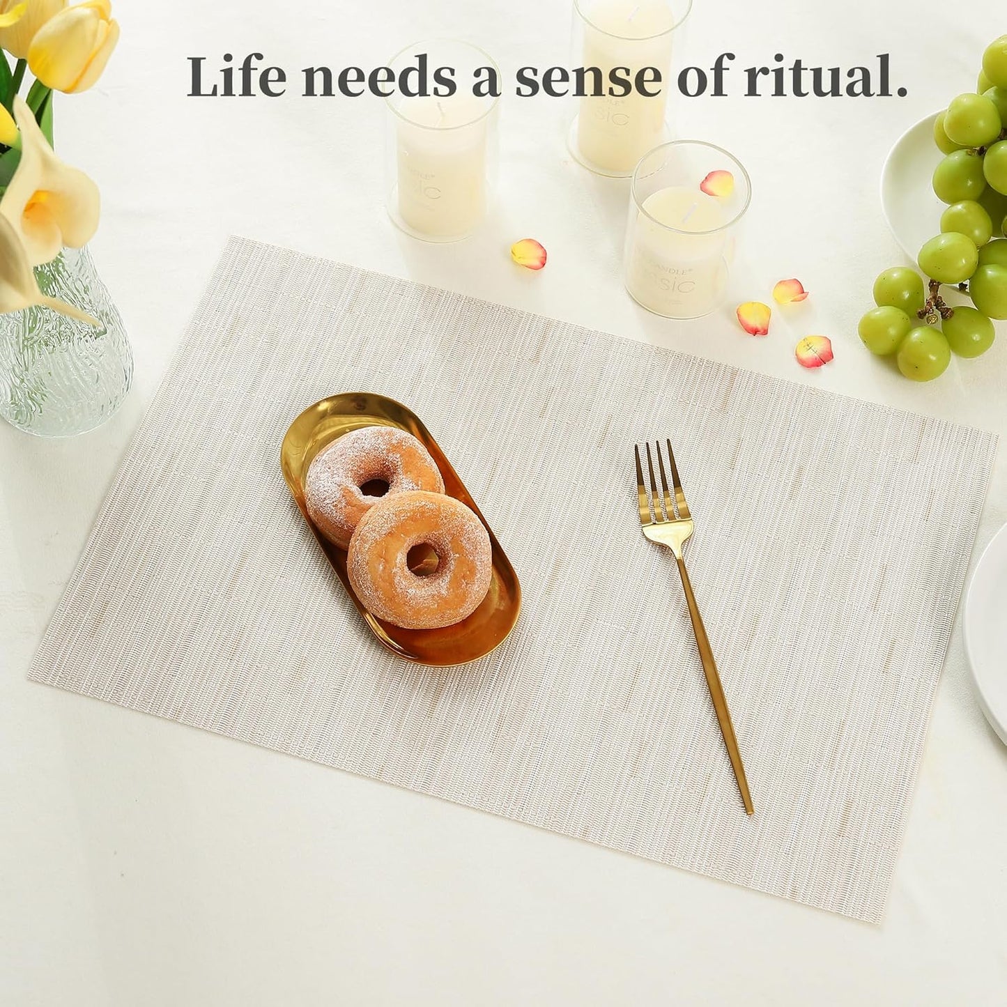 Leetaltree Pale Beige Placemats Set of 12 - Heat Resistant Non-Slip Place mats for Dining Table, Washable Durable PVC Vinyl Woven Table Mats(Pale Beige, 12)