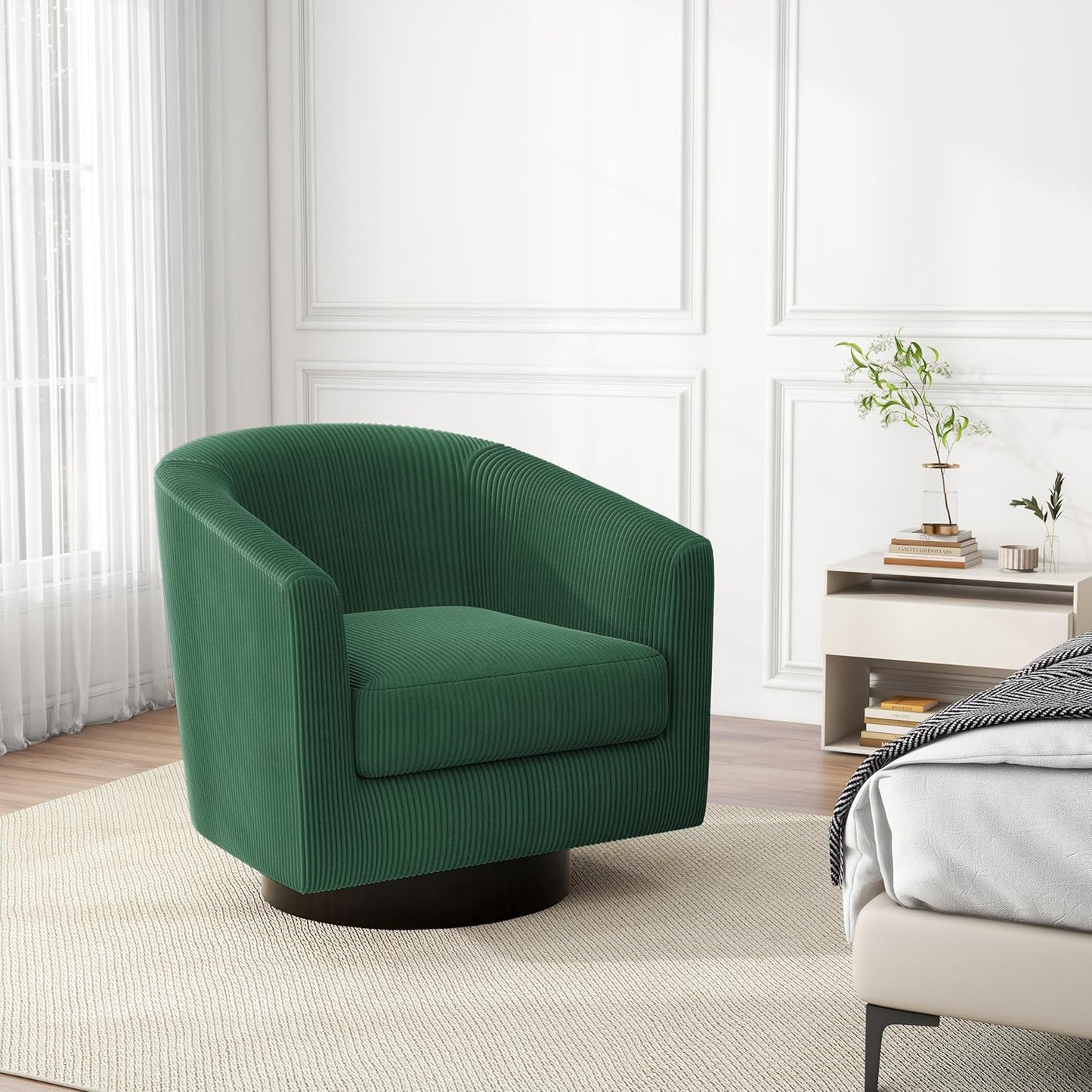 Swivel Barrel Accent Chair, Modern Round Corduroy Fabric Arm Chair for Living Room, Bedroom, Comfy Club Reading Chairs for Adults (Corduroy Dark Green, Set of 4)
