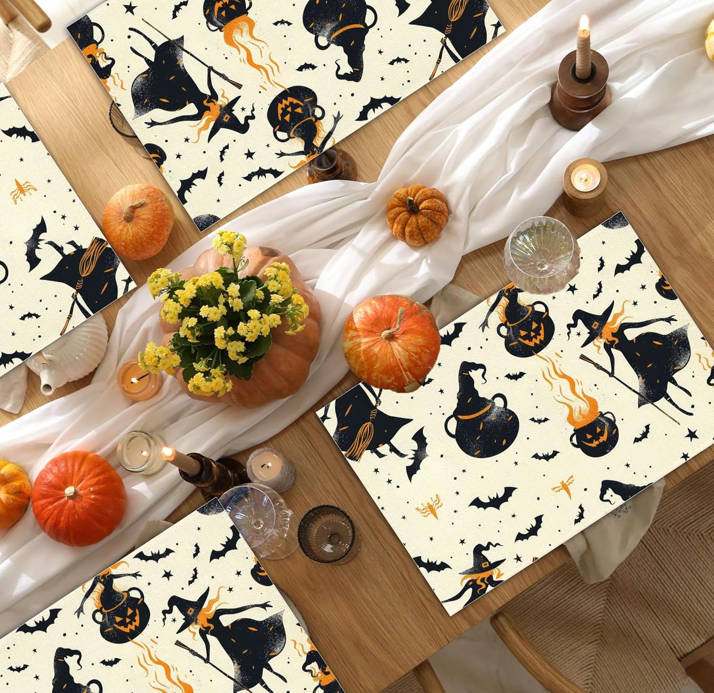 Halloween Spooky Placemats Set of 4, 12x18 Inch Pumpkin Witch Table Mats, Washable Heat Resistant Place Mats for Kitchen Dining Table, Halloween Themed Decoration for Home-B04