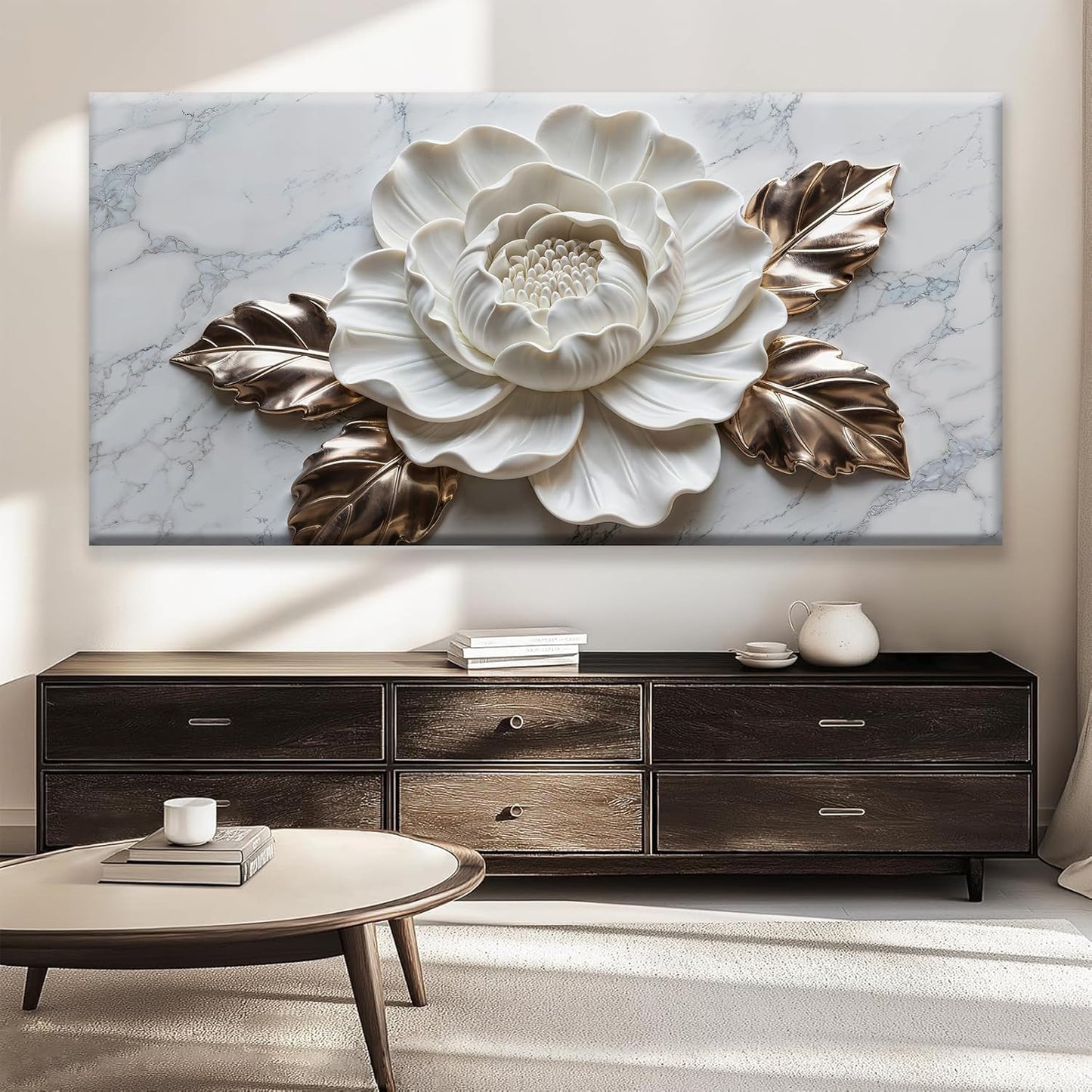 Suconvng Canvas Wall Art Living Room Home Wall Decor Modern White Flower Canvas Art Wall Decor 29 X 58 Inches Large Wall Art Elegant Marble Texture Picture For Bedroom Office Artwork