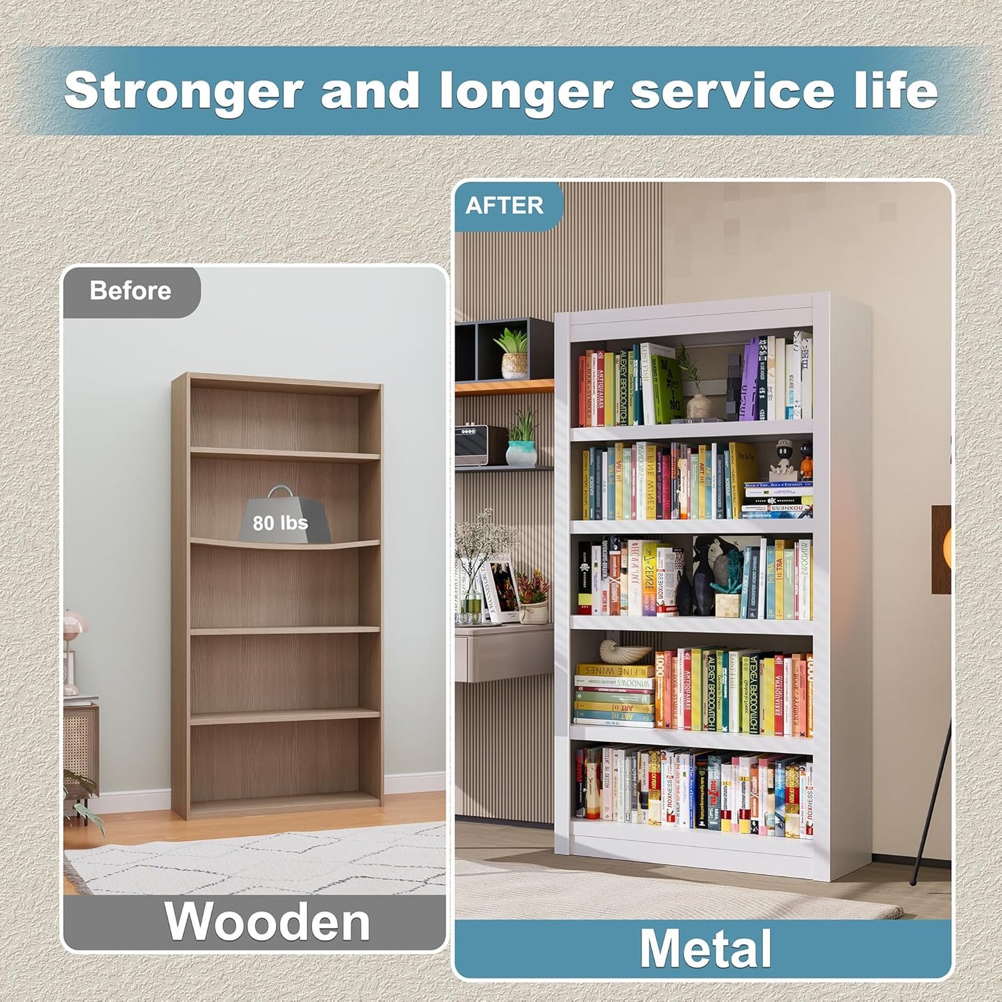 Bookshelf, 5-Tier Sturdy Bookcase, Adjustable Book Shelf, Large Capacity per Shelf, Modern Book Shelf for Living Room, Home Office, Garage, Ideal for Home Organization & Stylish Upgrades