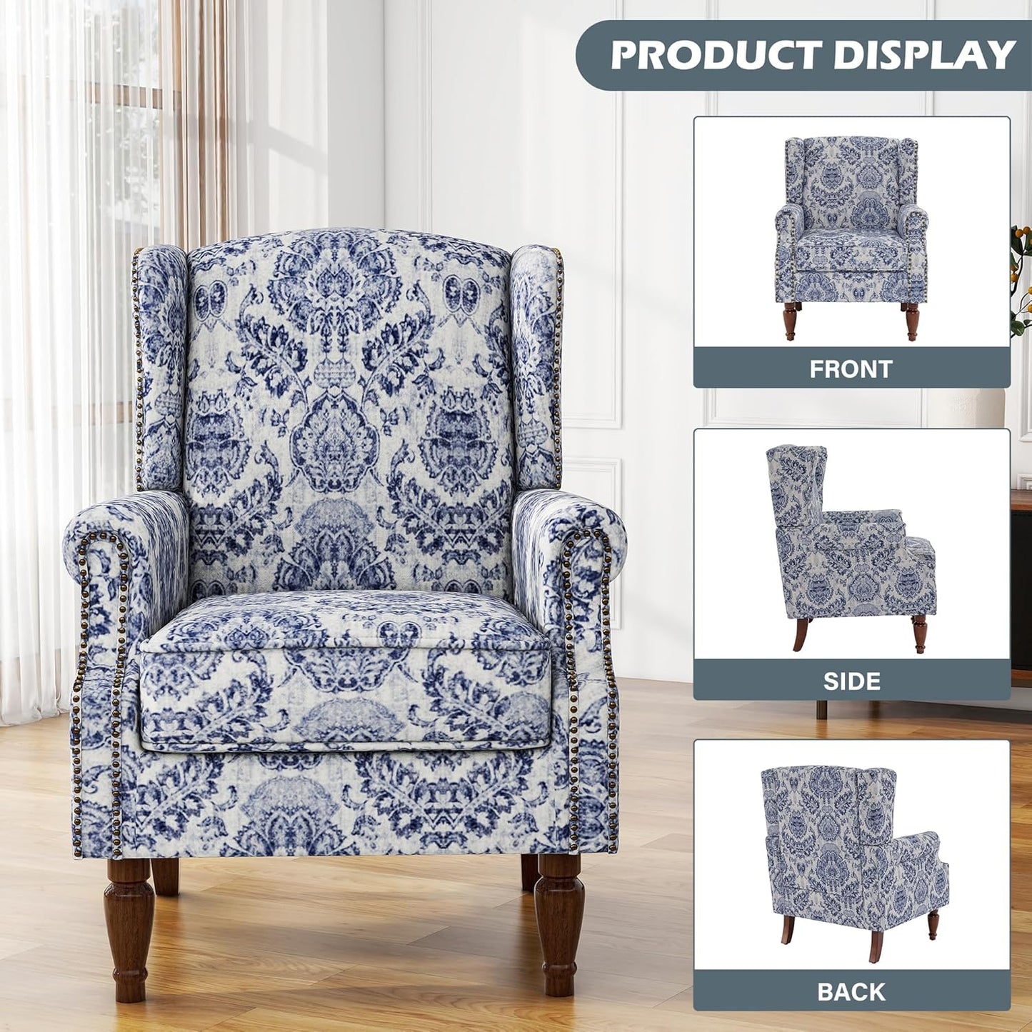UIXE Floral Accent Chair, High Back Pattern Arm Chair for Living Room, Traditional Fabric Armchair Comfy Upholstered Sofa Reading Seat with Nailhead Trim & Retro Wood Legs - Navy