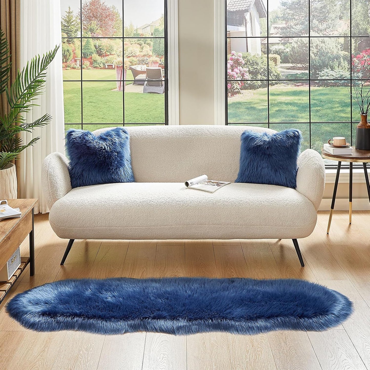 AMTOVO Faux Sheepskin Rug, Dark Blue Ultra Soft Fluffy Shag Area Rug, 2 x 6 ft Faux Fur Rug for Bedroom Sofa Throw Cushion Room Decor, Sheepskin
