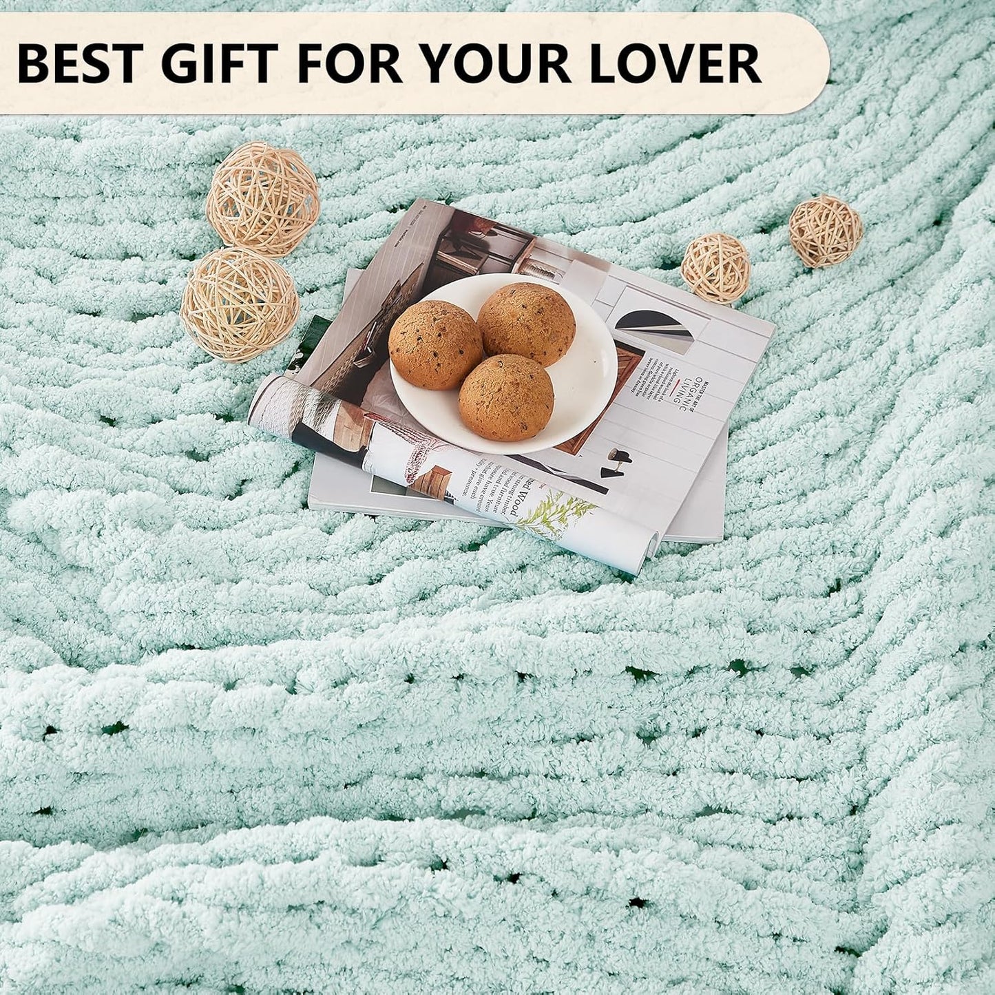 L'AGRATY Chunky Knit Blanket Throw: 60''x80'' Chenille Chunky Knitted Throw Blanket for Bed Couch - Handmade Thick Big Cable Knit Blanket - Large Crochet Rope Blanket for Home Decor(Mint Green)