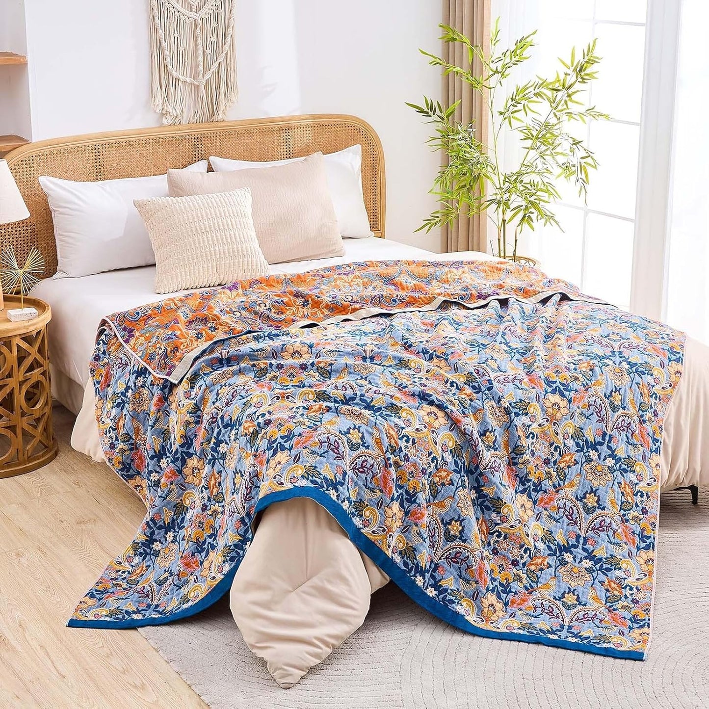 Boho Throw Blanket for Bed, 100% Cotton Soft Rustic Quilt Fall Blanket, 50"x60" Floral Printed Farmhouse Decor Bed Blankets, All Season Rustic Reversible Bohemian Throw Quilt