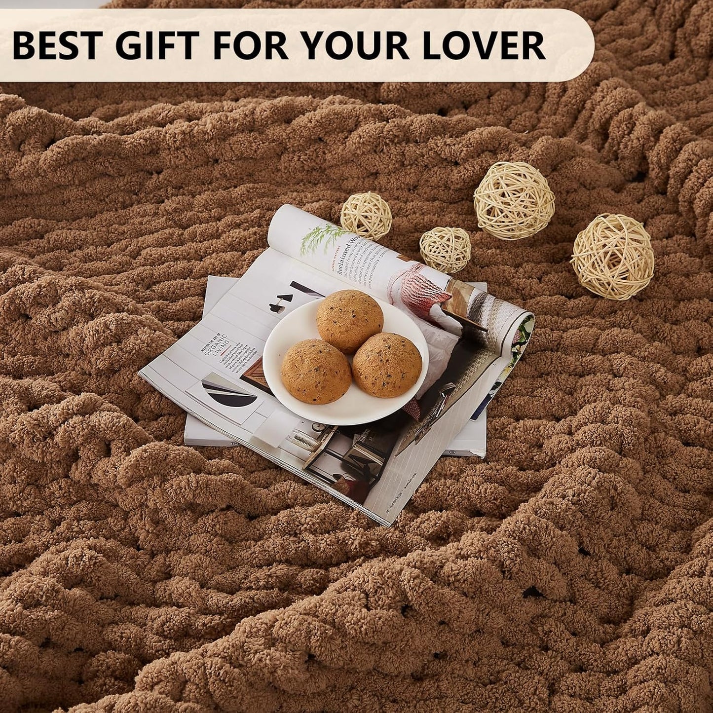 L'AGRATY Chunky Knit Blanket Throw - Soft Chunky Throw Blanket 30x40 inches: 100% Hand Kintted Chenile Crochet Throw Blanket for Couch - Large Cable Knit Chunky Blanket for Home Decor(Brown)