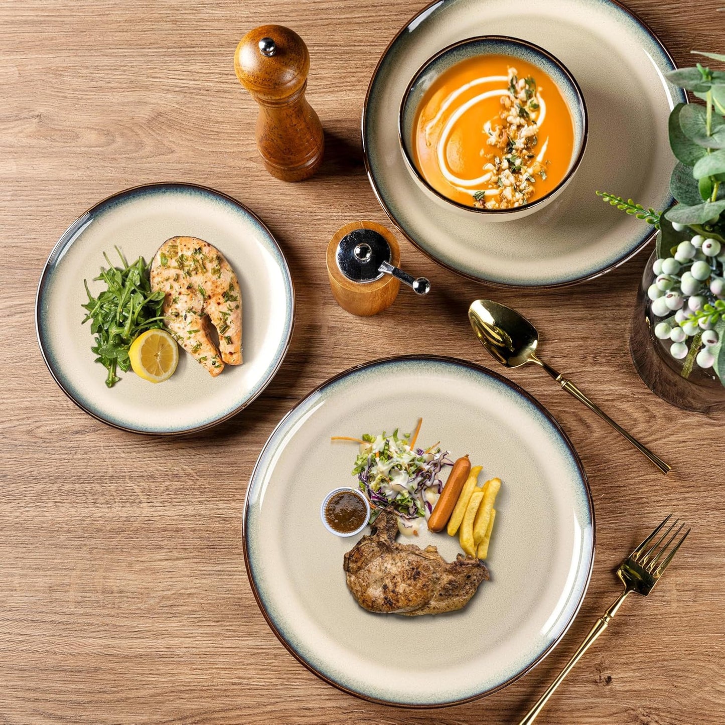 GBHOME Ceramic Dinnerware Sets for 4, 12 Pieces Stoneware Plates and Bowls Sets, Scratch Resistant Dishes, Dishwasher & Microwave Safe, Reactive Glaze-Gravel