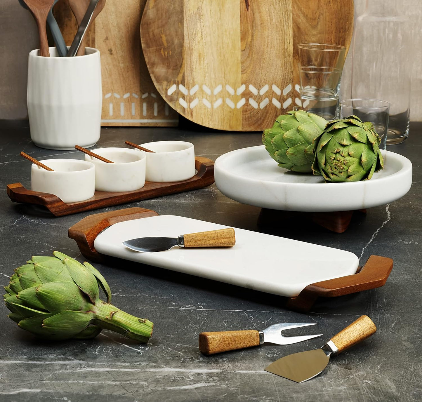 nambe Chevron Fruit Bowl – White Marble and Acacia Wood Decorative Footed Bowl - Kitchen Counter Table Display Centerpiece Bread Vegetable Holder on Pedestal- 10.5”