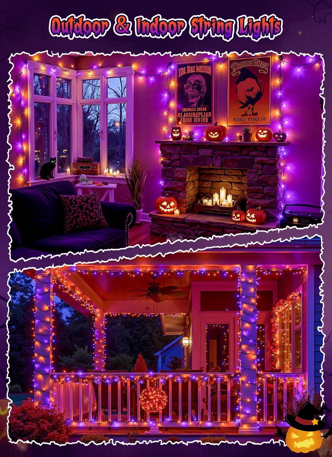 Brightown 2 Pack Halloween Solar String Lights Outdoor, Total 144Ft 400 LED Solar Lights Outdoor Waterproof with 8 Modes for Patio Tree Garden Party Decorations (Orange&Purple)
