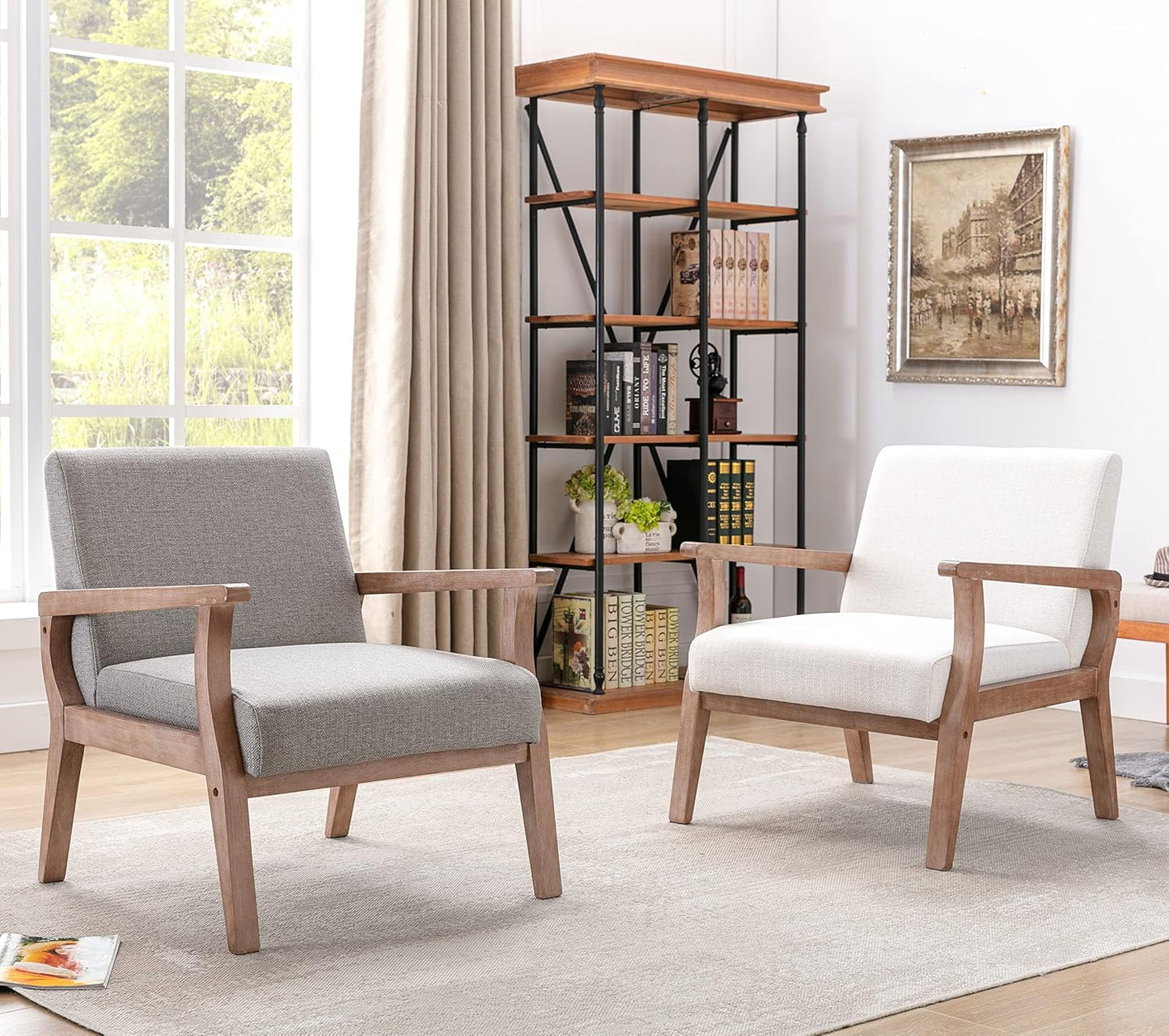 Mid Century Modern Accent Chair Set of 2, Linen Upholstered Living Room Accent Armchair with Wood Frame, Farmhouse Chair for Living Room Bedroom, Ivory