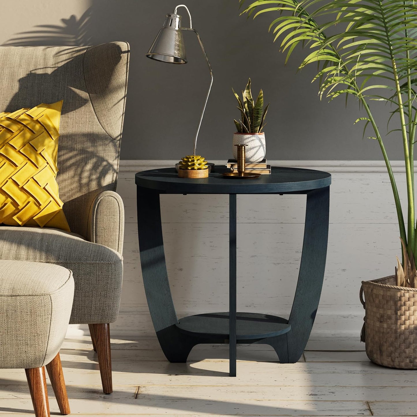 Rustic Farmhouse End Table with Storage Shelf, French Country Accent Side for Family, Dinning or Living Room, Small Spaces, Modern, Round, Vintage Blue Finish, Curved Leg