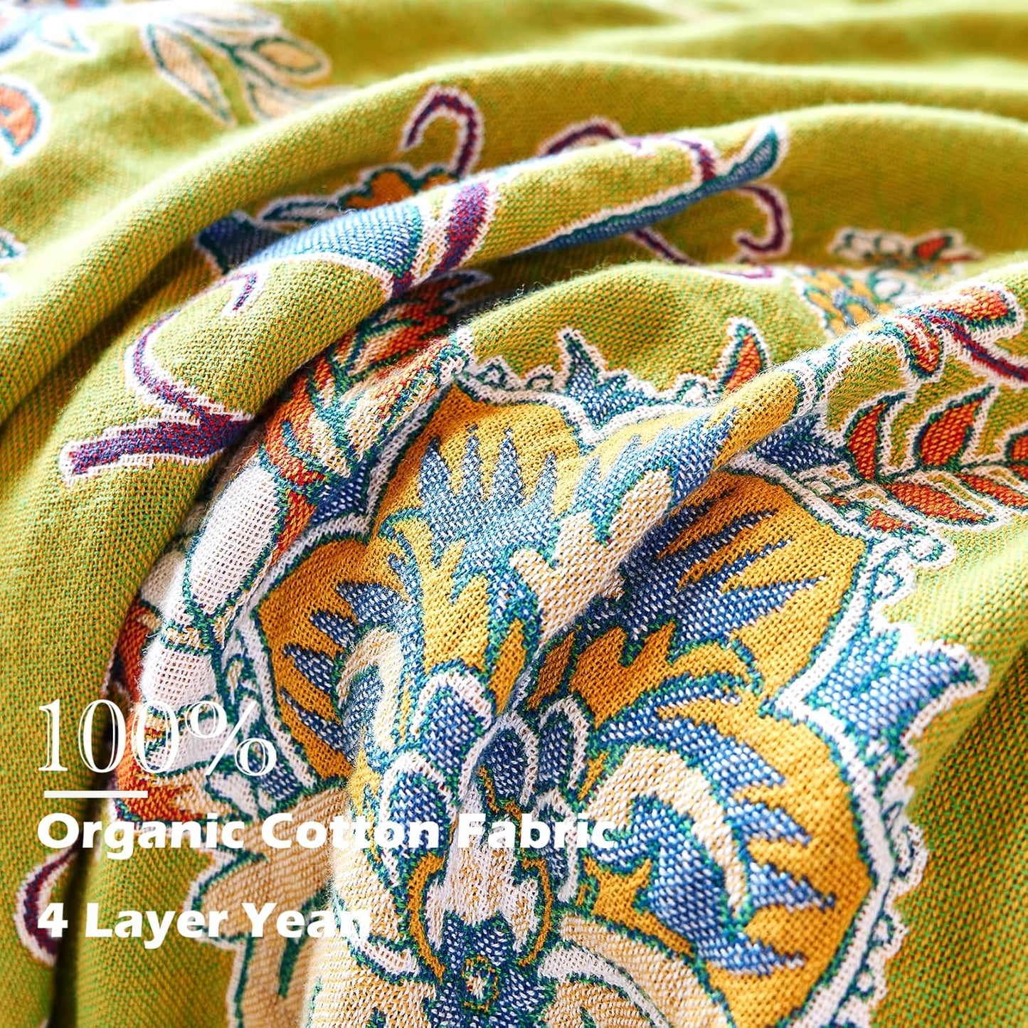 Boho Throw Blanket 80" x 90", 100% Organic Cotton Breathable Ultra Soft Bed Quilt Throw - All Season Luxury Floral Farmhouse Decor Blanket for Sofa Couch Chair and Gift. Green/Blue