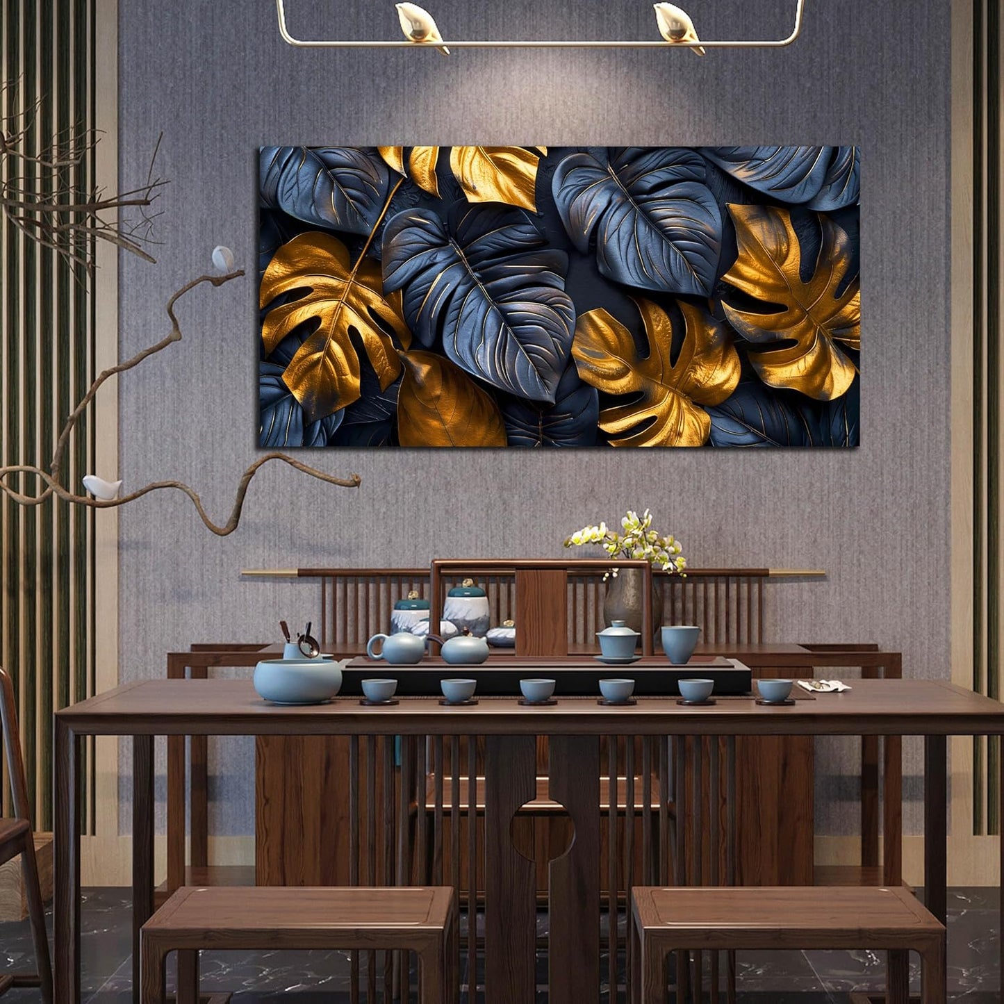 Leaves Pictures for Living Room Wall Decoration - Black and Gold Canvas Wall Art Bedroom - Modern Wall Art for Dining Room Size 29" x 59"
