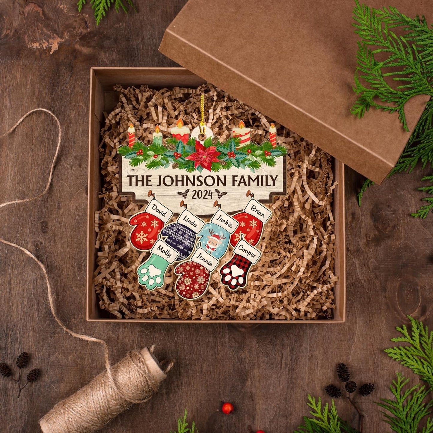 Family with Pet Ver 2 - Personalized Custom Wood Ornament, Family Gloves Christmas Ornament 2024, Xmas Ornament Gifts for Family Tree Decoration (A06, 7 Names)