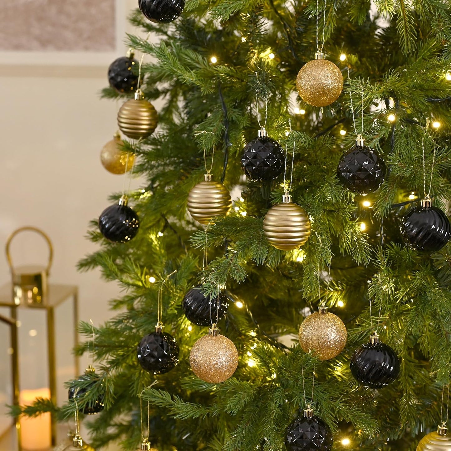 Valery Madelyn Christmas Ornaments Tree Decorations Set for Fall Halloween, 24ct Black Gold Shatterproof Ball Ornaments, 2.36" Hanging Ornament Bulk for Xmas Holiday Party Decor