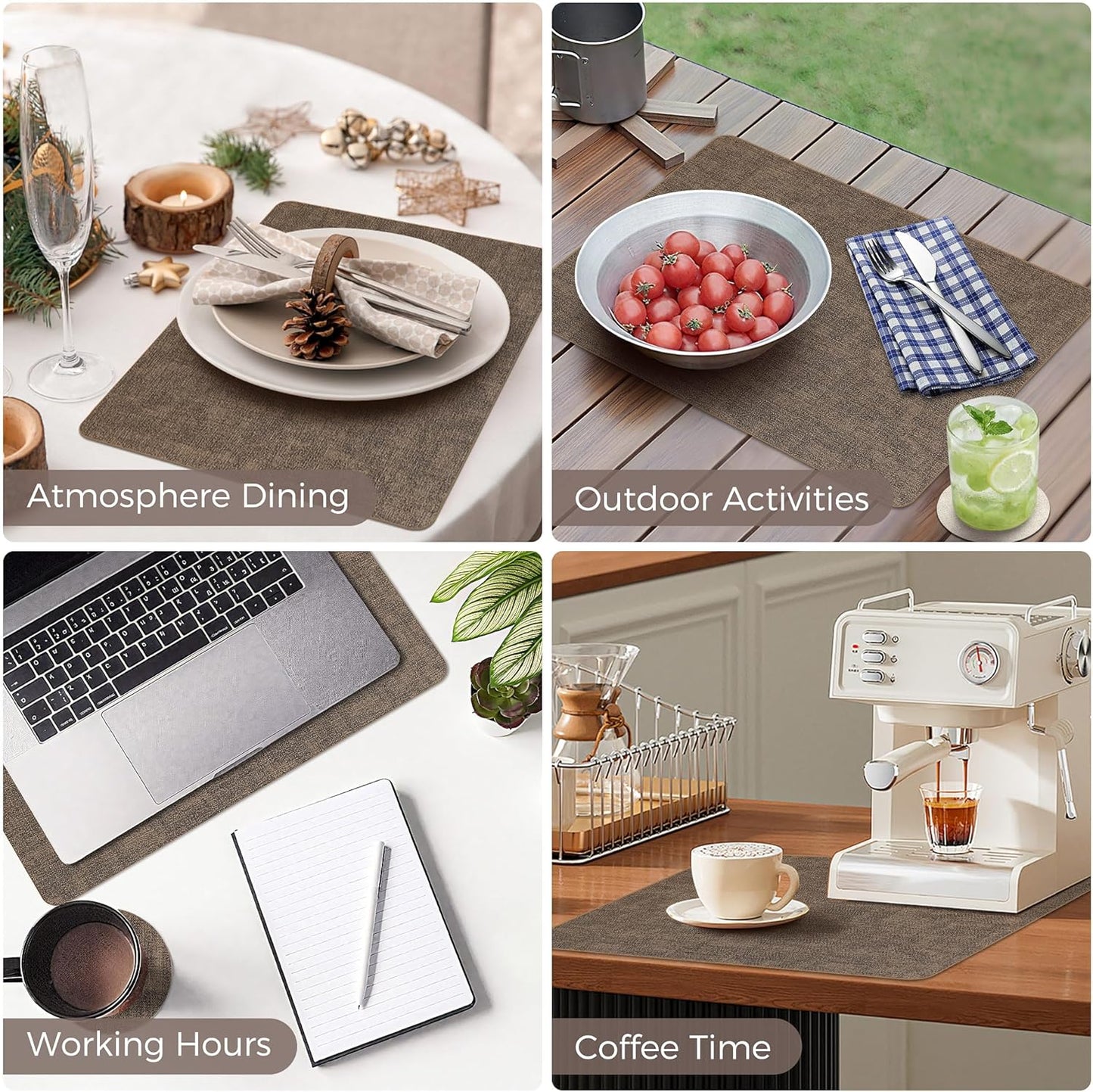 Vinyl Placemats Set of 6, Faux Leather Waterproof and Heat Resistant Place Mats, Washable Anti-Slip Table Mats with Coaster, Wipeable Placemats for Indoor & Outdoor 17" x 12" (Dark Coffee, Set of 6)