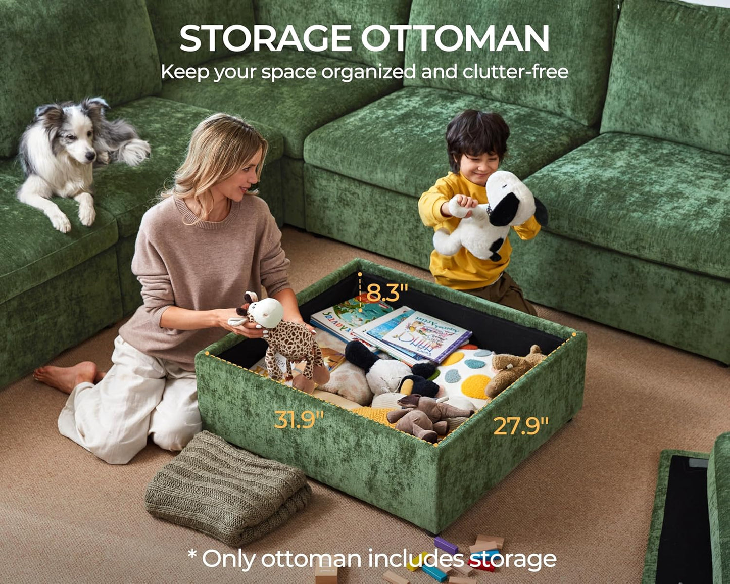 Oversized Modular Sofa Comfy Cloud Couch with Storage, Extra Deep Plush Sectional Sofa Set for Living Room, Covers Washable, Chenille, Olar (Green, 6-seatser with Corner & Ottoman, v-Shaped)