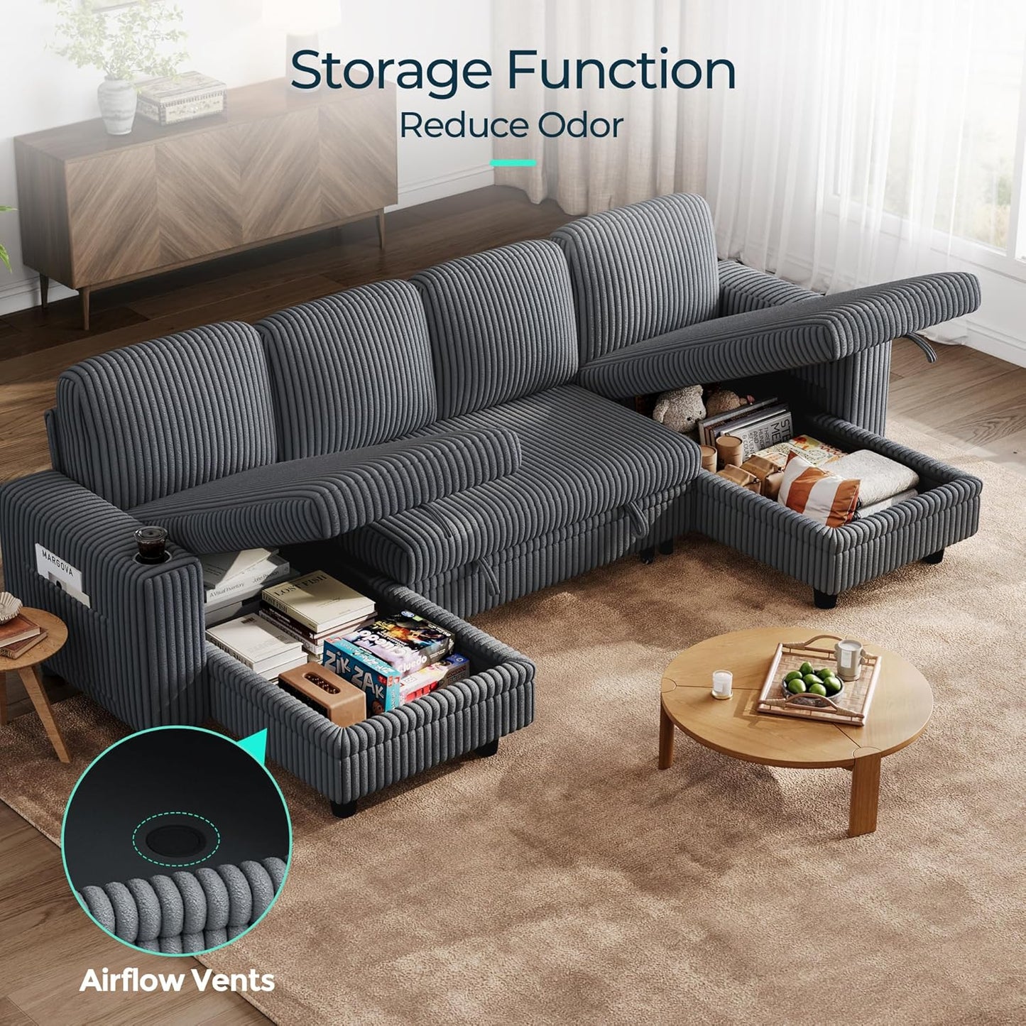 LINSY HOME Sectional Sleeper Sofa with Pull Out Couch Bed - Convertible Plush Corduroy Cloud Couch with Storage Chaise & USB Charging, Comfy U Shaped Modular Couches for Living Room, Grey