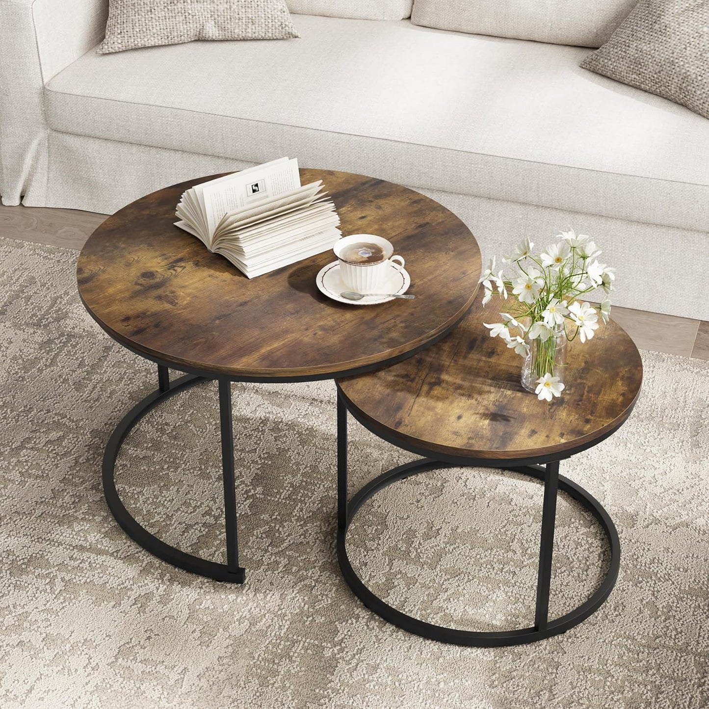 Smuxee Rustic Nesting Coffee Table Set of 2, 27.6" Round Coffee Table Wooden Marble Pattern with Adjustable Non-Slip Feet, Industrial End Table for Living Room Bedroom Balcony