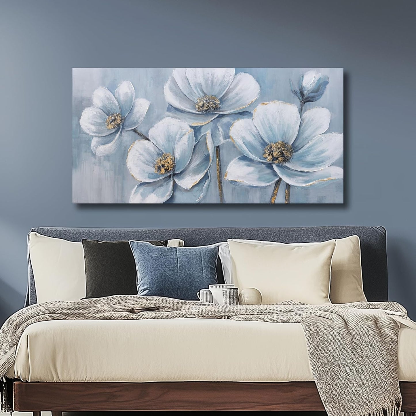 Belmrxne Flower Painting Blue Wall Art Modern Canvas Hanging Wall Decor Rustic Canvas Painting for Living Room Bedroom Dining Room Office Home Decor 24x48 inch