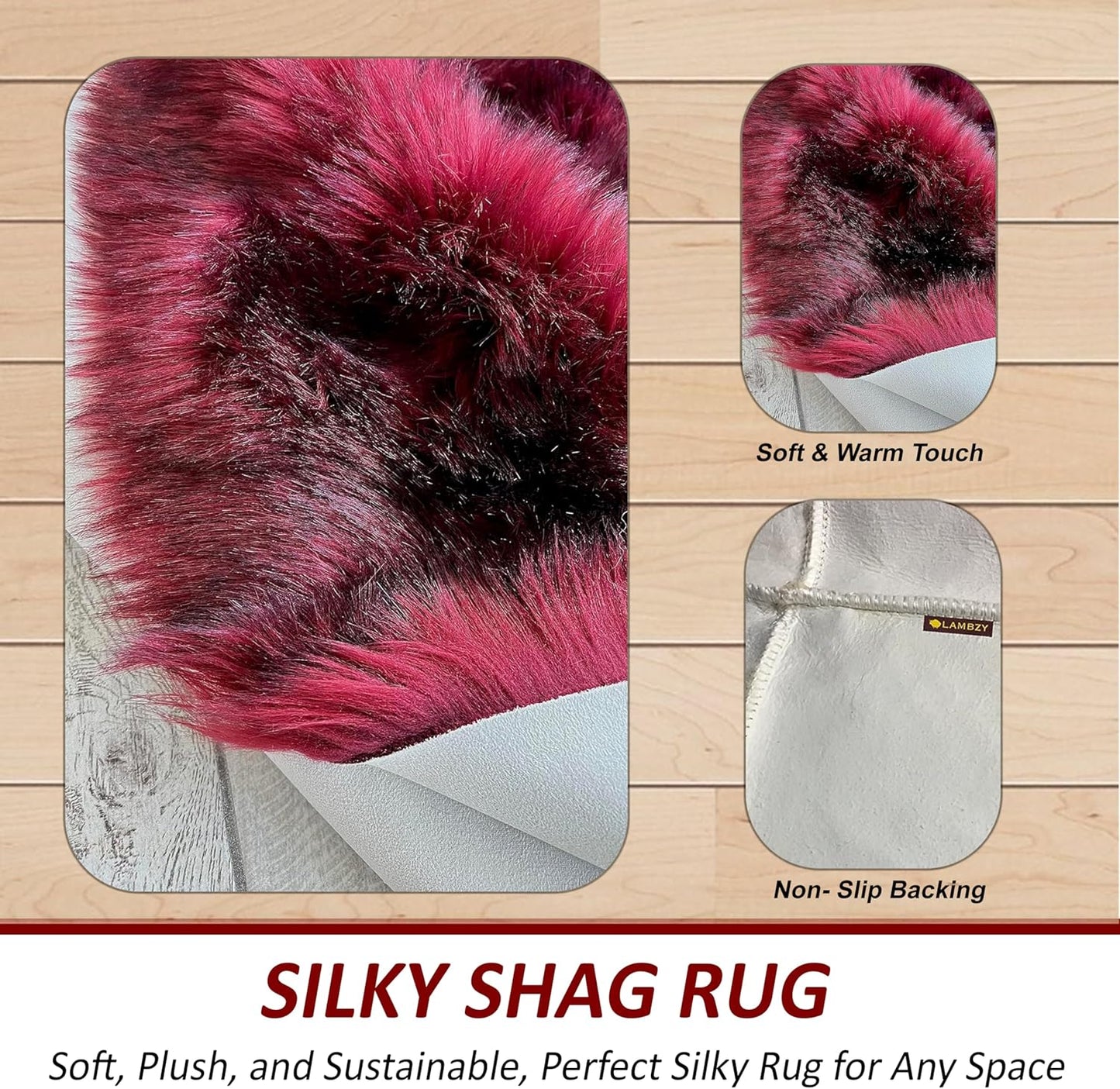 LAMBZY Faux Sheepskin Super Soft Hypoallergenic Free Shape Silky Shag Rug, Luxury Shaggy Plush Carpet for Bedrooms Living Kids Room Sofa Rugs (Burgundy, Duo Decto 12 Pelts 6'x12')