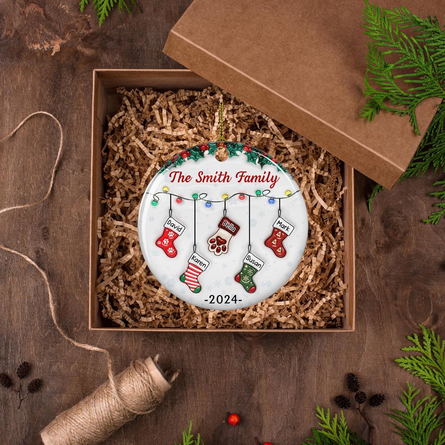 Stocking Personalized Family Christmas Ceramic Ornament 2025-3D Inflated Effect Custom Name Hanging Stock up to 10 Members, First Xmas as A Family Ornament Gifts (A04, 10 Names)