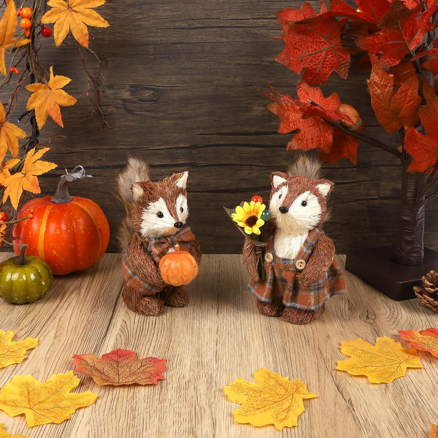 winemana 2 Pack Fall Decor Fox, Thanksgiving Decorations Indoor Sisal Foxes for Home Table Centerpiece Handmade Autumn Woodland Animal Friend Figurines with Pumpkin for Shelf Office Décor