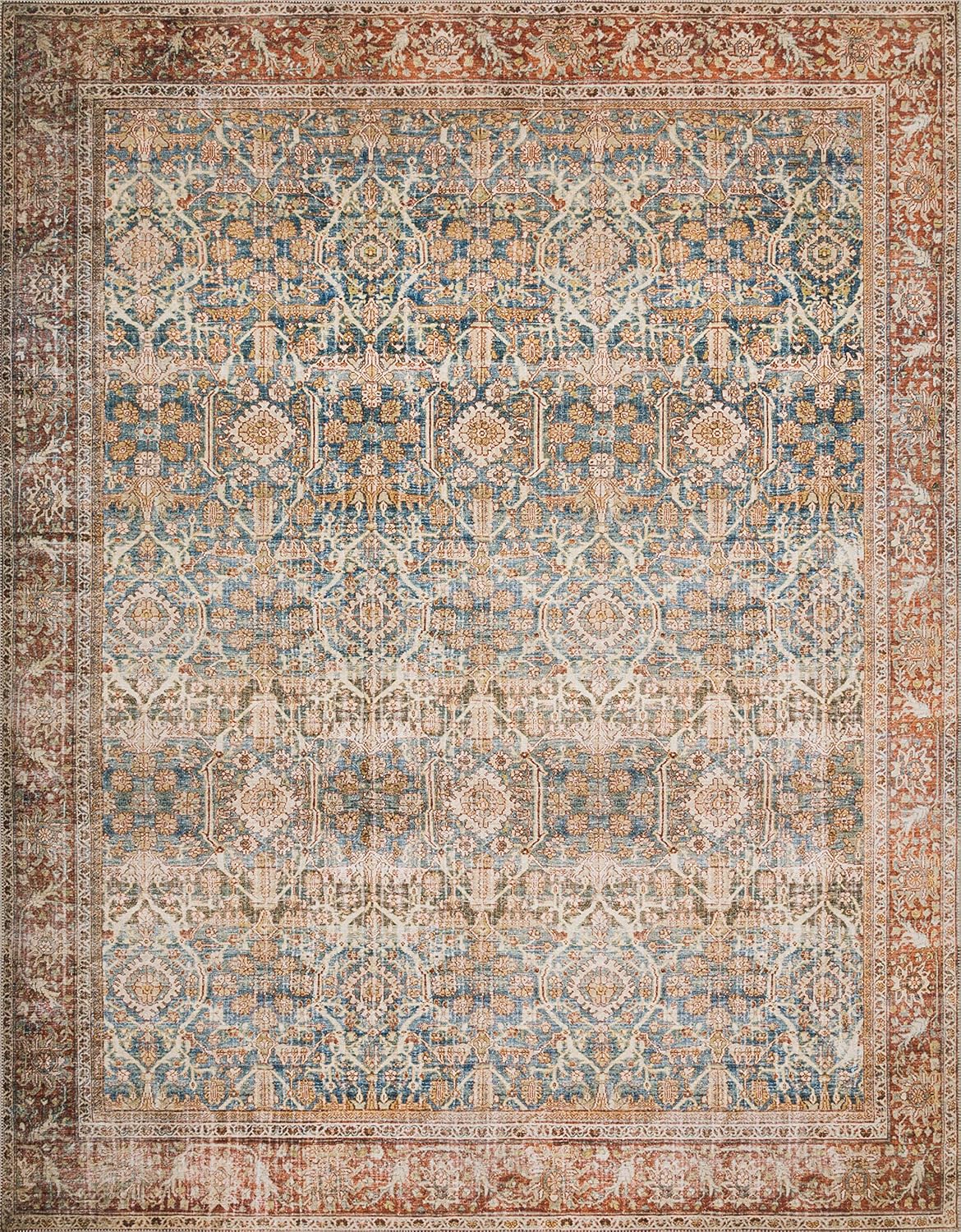Loloi Layla Collection LAY-04 Ocean/Rust 3'-6" x 5'-6" .13" Thick Accent Rug, Soft, Durable, Vintage Inspired, Distressed, Low Pile, Non-Shedding, Easy Clean, Printed, Living Room Rug