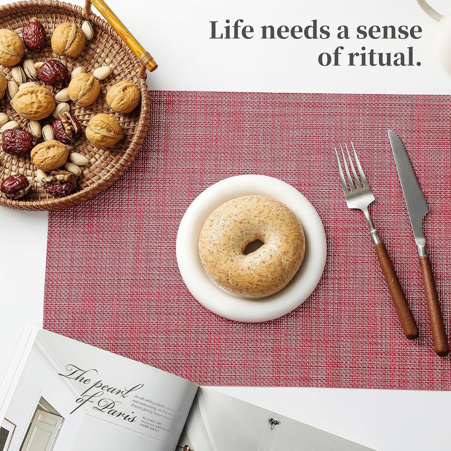 Leetaltree Red Placemats Set of 4 - Heat Resistant Non-Slip Place mats for Dining Table, Washable Durable PVC Vinyl Woven Table Mats(Red, 4)