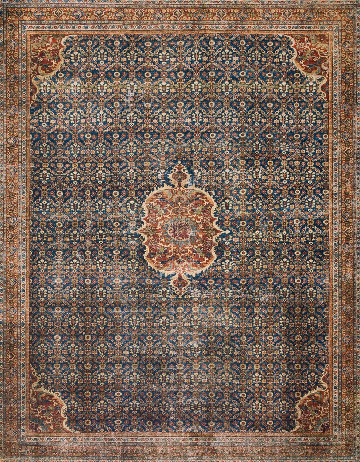 Loloi Layla Collection LAY-09 Cobalt Blue/Spice 5'-0" x 7'-6" .13" Thick Area Rug, Soft, Durable, Vintage Inspired, Distressed, Low Pile, Non-Shedding, Easy Clean, Printed, Living Room Rug