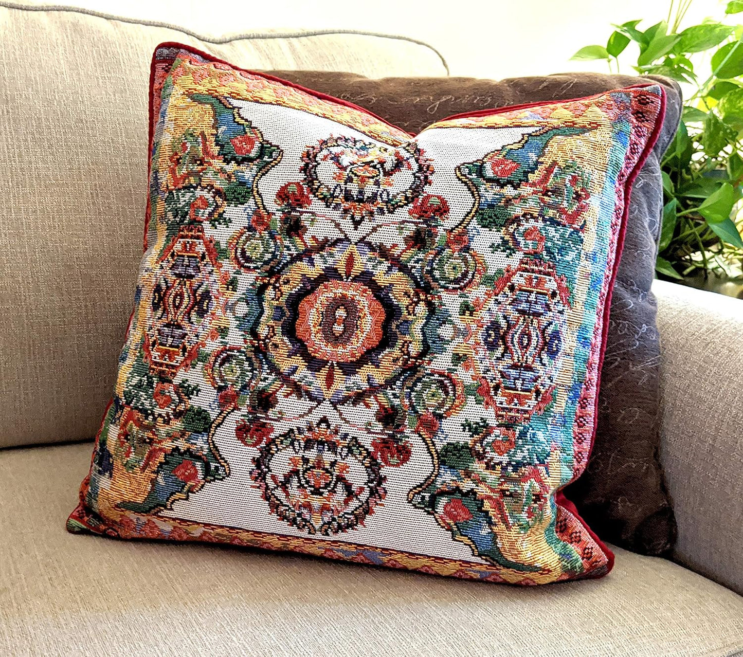 Tache Cushion Cover 18x18 Rococo Elegant Ornate Ivory Colorful Paisley Cotton Linen Tapestry Woven Decorative Throw Pillow Cover, 1 Piece