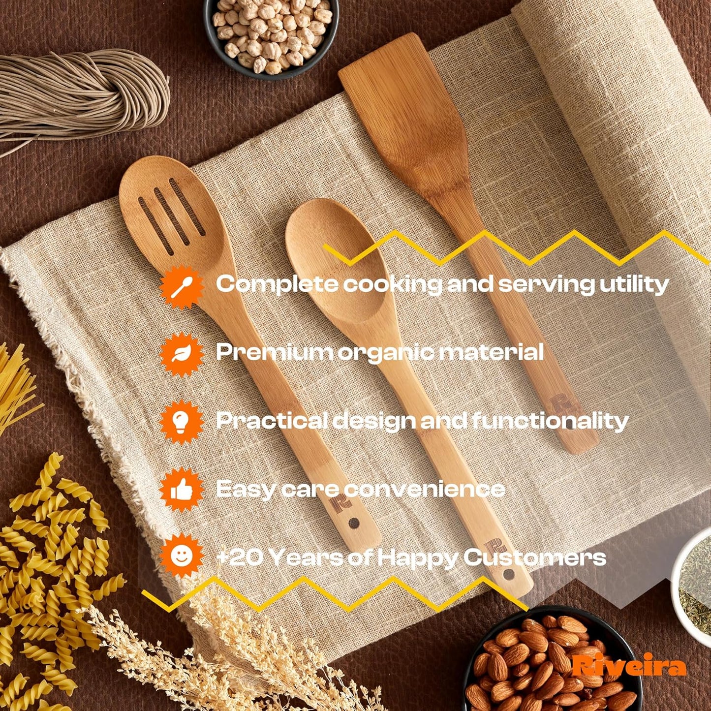 Riveira Dark Bamboo Wooden Spoons for Cooking 3-Piece, Apartment Essentials Wood Spatula Spoon Nonstick Kitchen Utensil Set Premium Quality Housewarming Gifts for Everyday Use