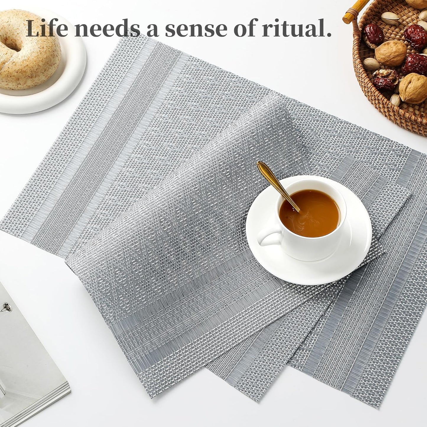 Leetaltree Lunar Grey Placemats Set of 6 - Heat Resistant Non-Slip Place mats for Dining Table, Washable Durable PVC Vinyl Woven Table Mats(Lunar Grey, 6)