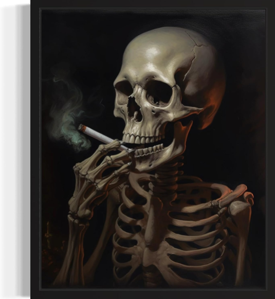 Skull Smoking Cigarettes Poster Art Print – Vintage Gothic Wall Decor for Halloween, Academia, and Spooky Aesthetic Spaces