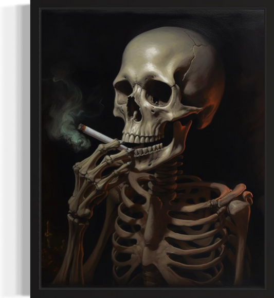 Skull Smoking Cigarettes Poster Art Print – Vintage Gothic Wall Decor for Halloween, Academia, and Spooky Aesthetic Spaces