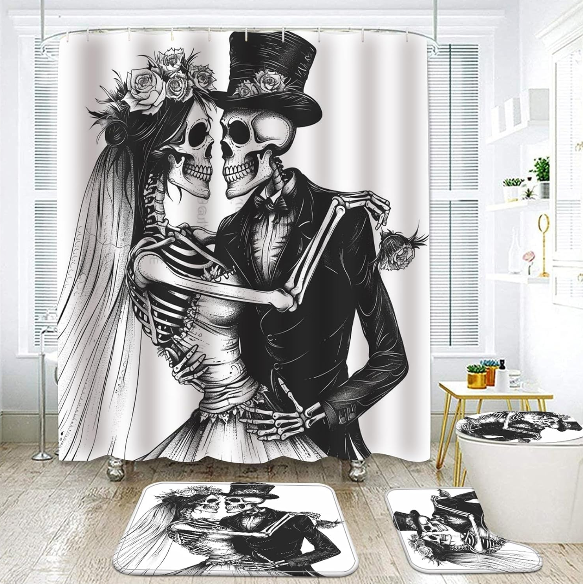 NEWSUYAA Halloween Bathroom Decor Set – Black Skull Skeleton Shower Curtain with Rugs, Bath Mats, and Hooks for Spooky Halloween or All Saints’ Day